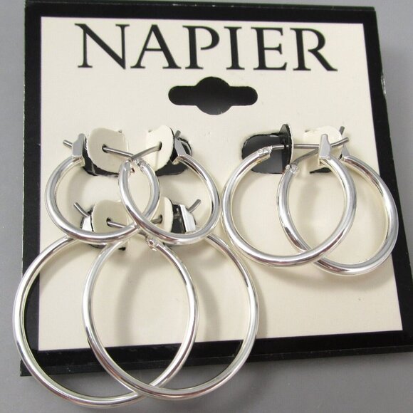NAPIER 3pc SET Mod/Contemporary Silver Smooth Round Hoop Earrings**NEW! - Picture 1 of 3